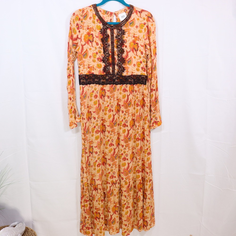 Mamalicious Maxi Dress M Orange Womens Lace Trim‎ Paisley Maternity Boho